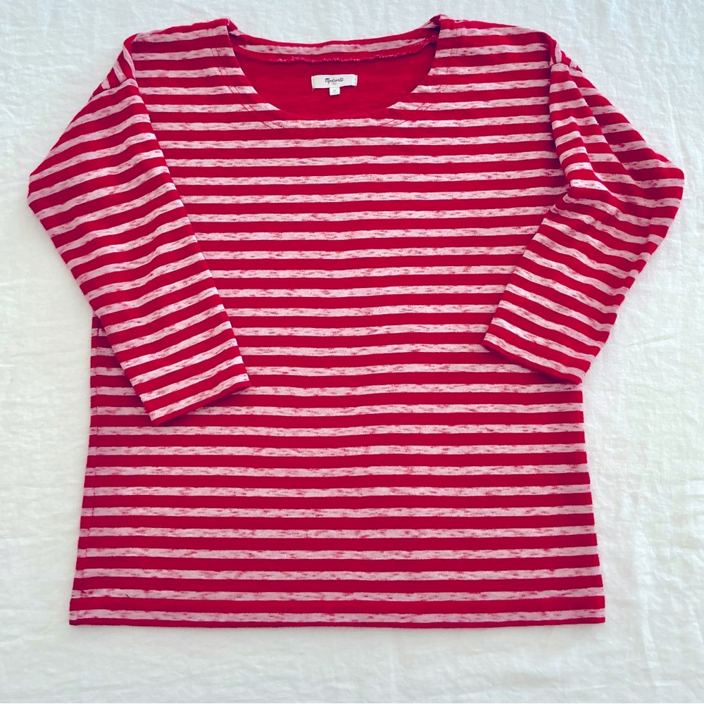 Madewell Cotton Knit Red & White Striped 3/4 Length Sleeve Shirt
